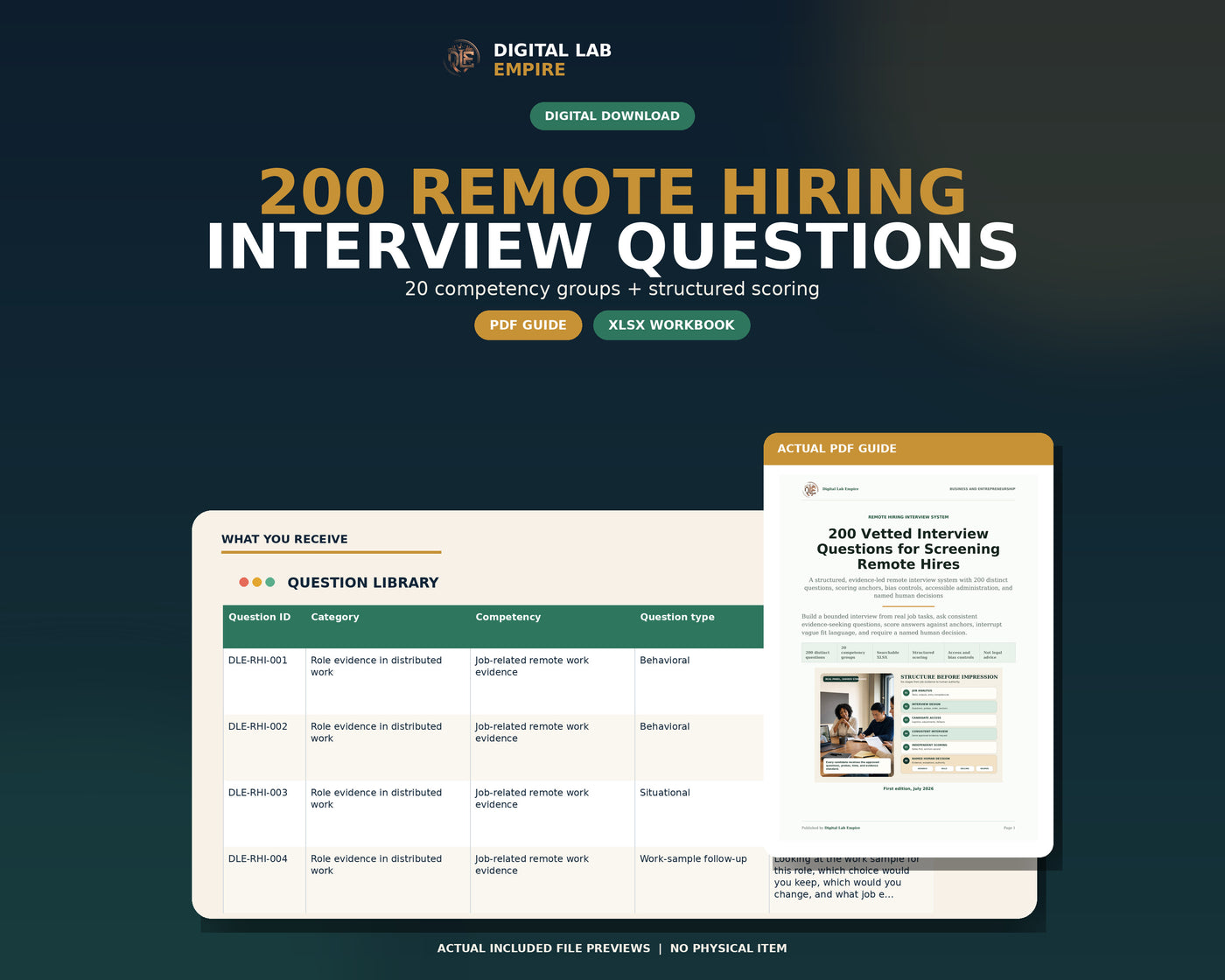 Digital download preview showing the 200 remote hiring interview questions PDF guide and structured Excel scoring workbook.