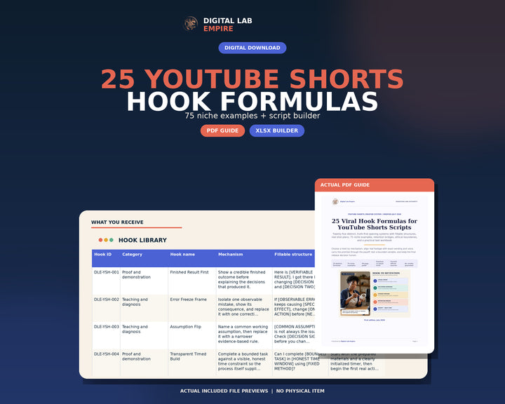 Digital download preview showing the 25 YouTube Shorts hook formulas PDF guide and Excel script builder.