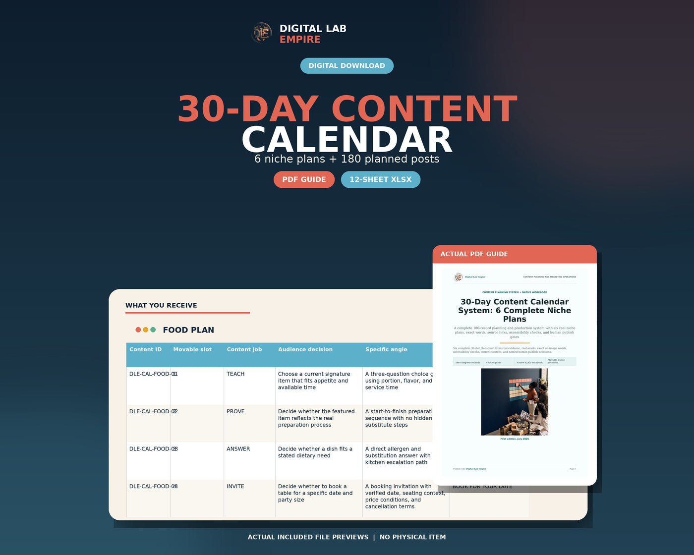 Digital download preview showing the 30-day content calendar PDF guide and Excel workbook with six complete niche plans.