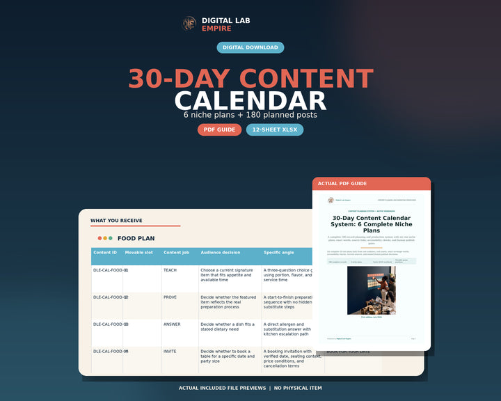 Digital download preview showing the 30-day content calendar PDF guide and Excel workbook with six complete niche plans.