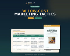 Digital download preview showing the 30 low-cost marketing tactics PDF guide and Excel experiment planner.