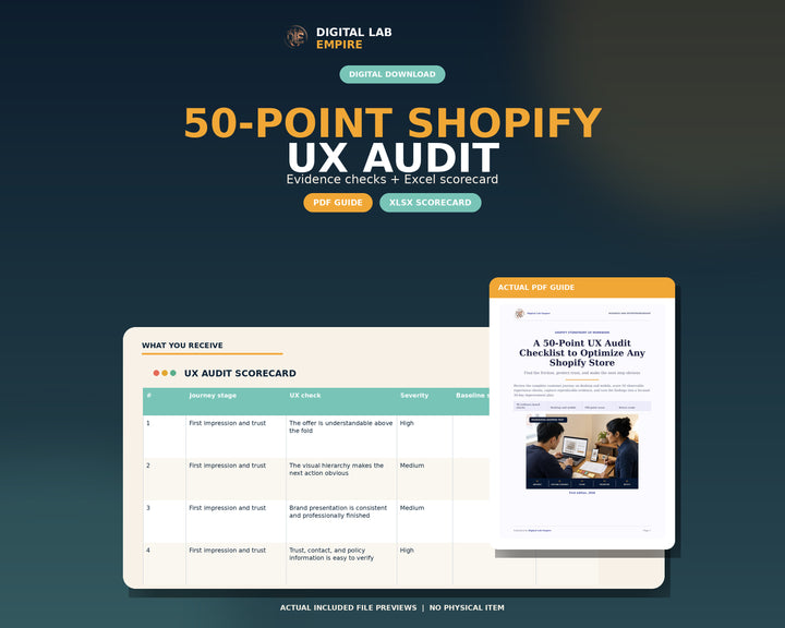 Digital download preview showing the 50-point Shopify UX audit PDF guide and Excel scorecard.