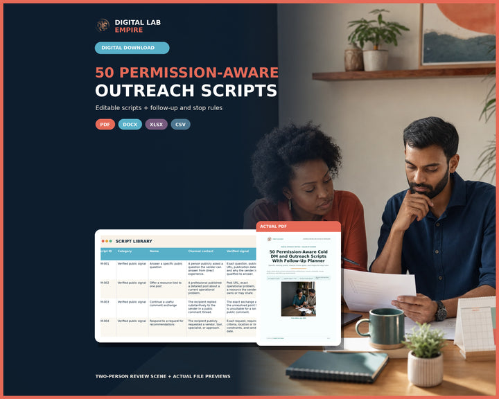 Two professionals review an outreach plan beside previews of the 50 permission-aware outreach scripts PDF and Excel planner.