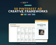 Digital download preview showing Pinterest ad creative framework layouts, a PDF guide, and Excel testing planner.