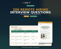 Digital download preview showing the 200 remote hiring interview questions PDF guide and structured Excel scoring workbook.