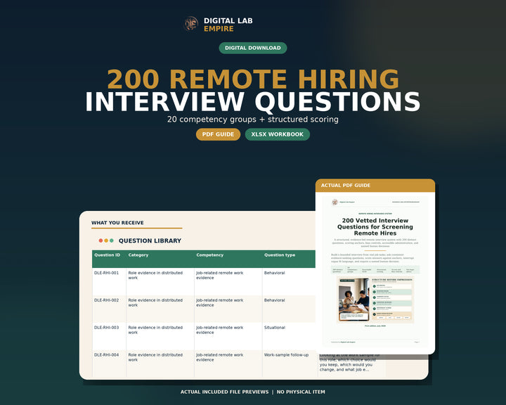 Digital download preview showing the 200 remote hiring interview questions PDF guide and structured Excel scoring workbook.