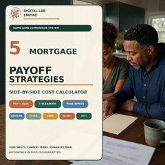Two homeowners compare a mortgage payoff plan beside the title 5 Mortgage Payoff Strategies With a Side-by-Side Cost Calculator