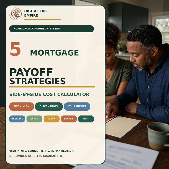 Two homeowners compare a mortgage payoff plan beside the title 5 Mortgage Payoff Strategies With a Side-by-Side Cost Calculator