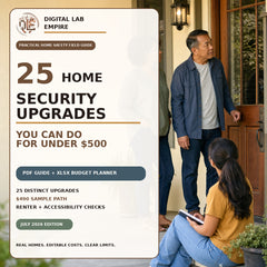 A real household reviews its home entry beside the title 25 Home Security Upgrades You Can Do for Under $500