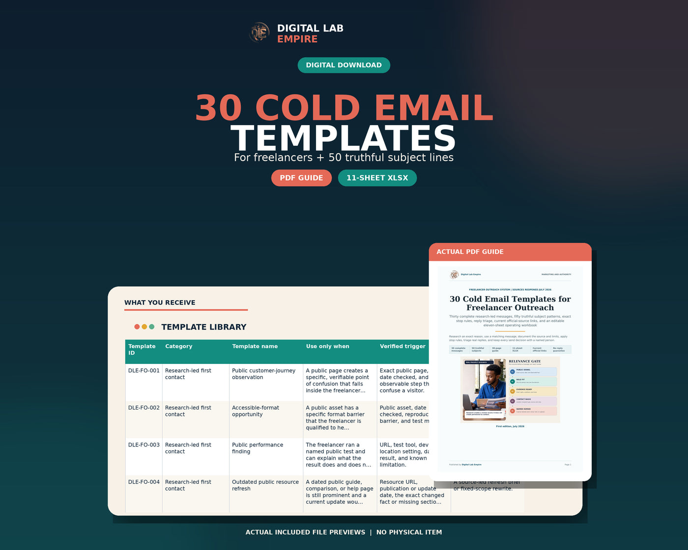 Digital download preview showing 30 freelancer cold email templates in a PDF guide and 11-sheet Excel workbook.
