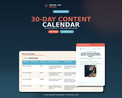 Digital download preview showing the 30-day content calendar PDF guide and Excel workbook with six complete niche plans.